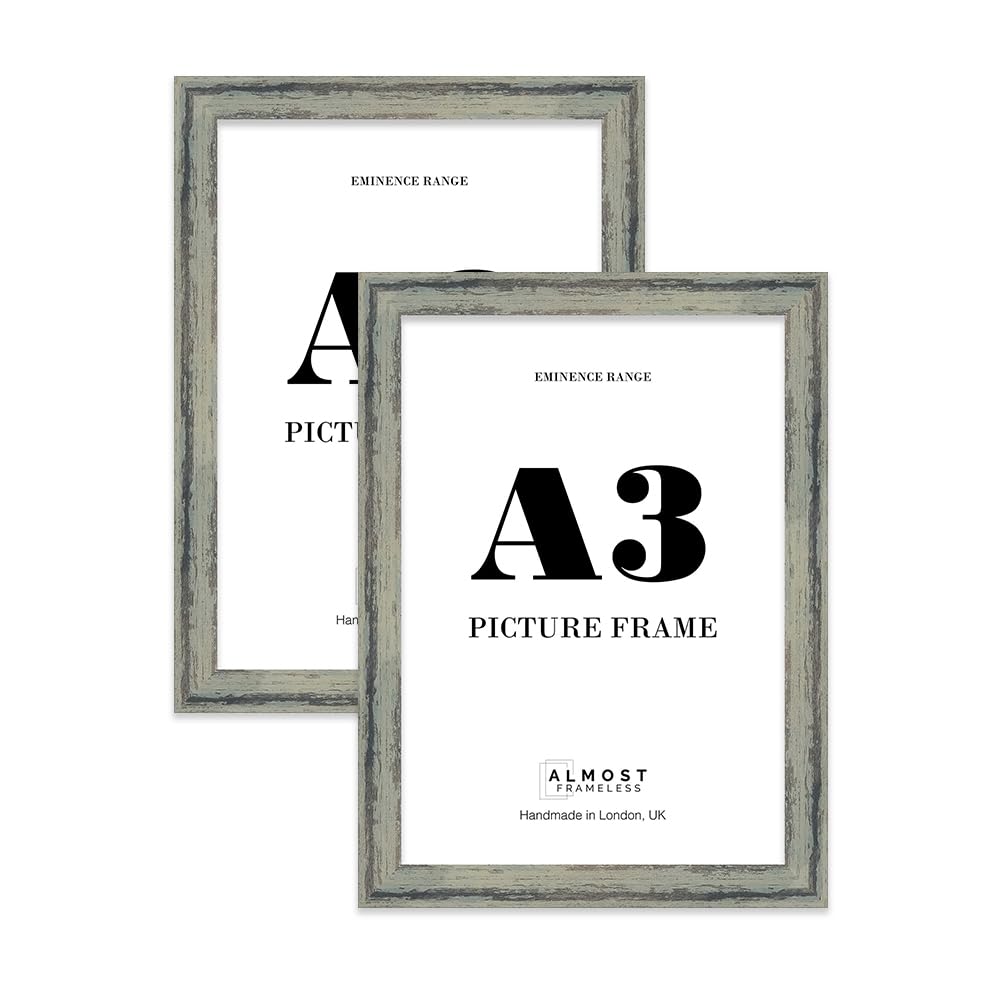 A3 Distressed Green Picture Frame - Rustic Wood Industrial Effect Photo Frame for Wall Display, Ideal for Posters, Prints & Home Décor, Wall Hooks, 32mm Edge - 2 Pack
