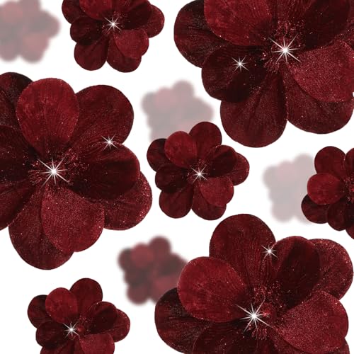 Norme 15 Pcs Christmas Magnolia Flowers Ornaments 3.15 5.91 8.27 Large Artificial Magnolia Velvet Fold Poinsettia Stems for Christmas Tree Wreath Holiday Decor(Burgundy)