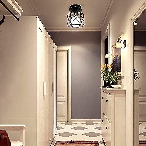 Vintage Ceiling Light, Flush Mount Black Ceiling Lights Iron Lampshade Industrial Pendant Light Metal Cage for Hallway Bedroom Kitchen Living Room.