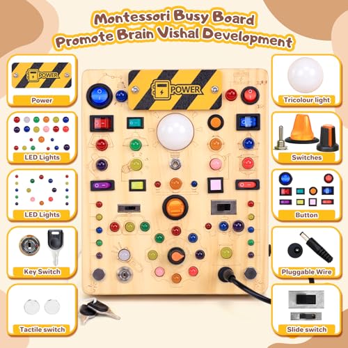 Image of Busy Board with LED Light Switches, Montessori Toys for 1 2 3 Years Old, Toddlers Wooden Toy Sensory Activity Board, Travel Toys for 1+ Year Old Boy & Girl Birthday Gift (19 Switches)