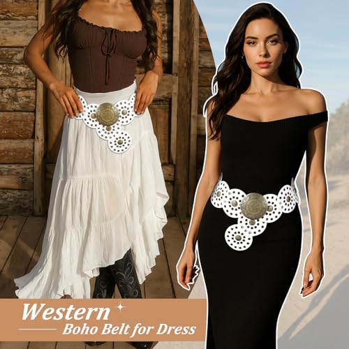 Image of WERFORU Women Wide Western Disc Belt Cowgirl Boho Leather Belt for Jeans Dress
