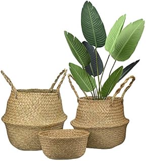 Lawei 3 Pcs Seagrass Belly Basket Handmade Organizer Home Storage Woven Foldable with Handle for Toys Laundry Picnic Plant Pots Beach Bag - 3 Sizes