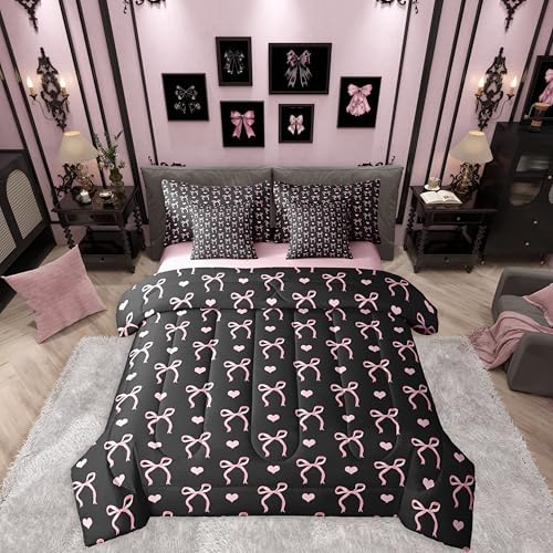 Erosebridal Love Hearts Bowknot Black Pink 7 Piece Bedding Set Twin | Bow Kawaii Cute Dreamy Comforter Set with Sheets Ribbon Girly Kids Bed in A Bag Teens Adults Women Bed Sets