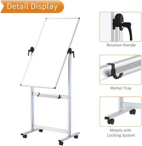 Miniatura 5 de VIZ-PRO Pizarra magnética móvil de doble cara, 48 x 24 pulgadas, orientación vertical, marco y soporte de aluminio, con marcadores de borrado en