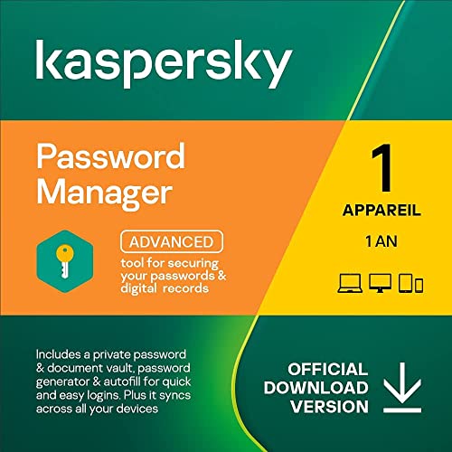 Kaspersky Password Manager | Nombre d'appareils illimité | 1 Compte Utilisateur | Abonnement Annuel | Windows/Mac/Android/iOS | Code d’activation – Envoi par Email