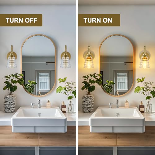 Image of Gold Bathroom Wall Sconce, Brass Wall Light Fixture with Glass Shade