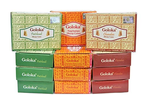 NALE. Surtido Conos Goloka (12 Cajas en Total) 4 Patchouli, 4 Chandan y 4 Nag Champa
