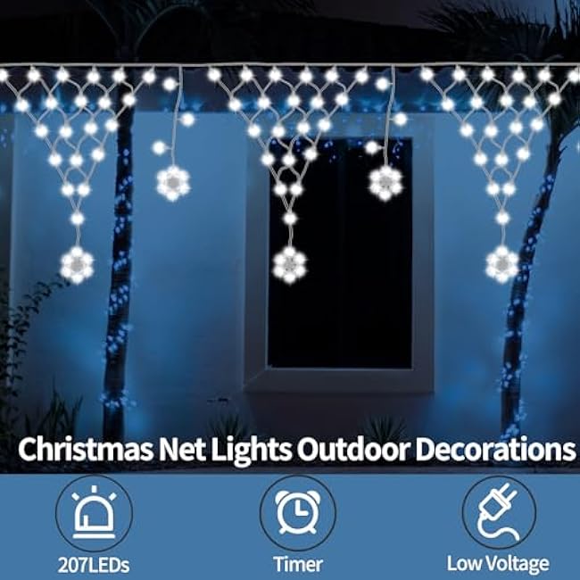 DBFAIRY Christmas Net Lights Plug in, 207 LED 13.1Ft x1.9Ft Snowflake Hanging Net Lights Outdoor Waterproof with Timer Christmas Decor for Balcony Porch Fence Window Railing (Cool White)
