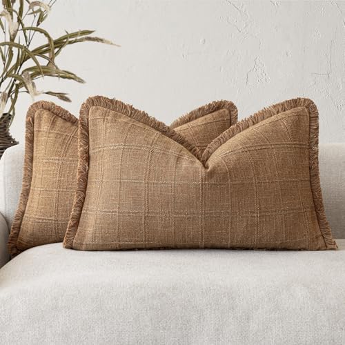 Image of Foindtower Set of 2 Decorative Linen Check Fringe Throw Pillow Covers Farmhouse Lumbar Cushion Covers Modern Boho Home Decor for Sofa Chair Couch Bedroom Living Room,12x20 Inch,Brick Red