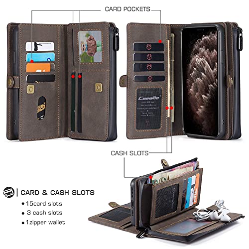Caseme For Iphone 11 Wallet Case, Durable Handmade Pu Leather Zipper Detachable Magnetic Phone Case For Iphone 11 (6.1 Inches) Case Wallet Clutch Purse With 15-Card Slots Holder For Women Men, Brown #TOP2