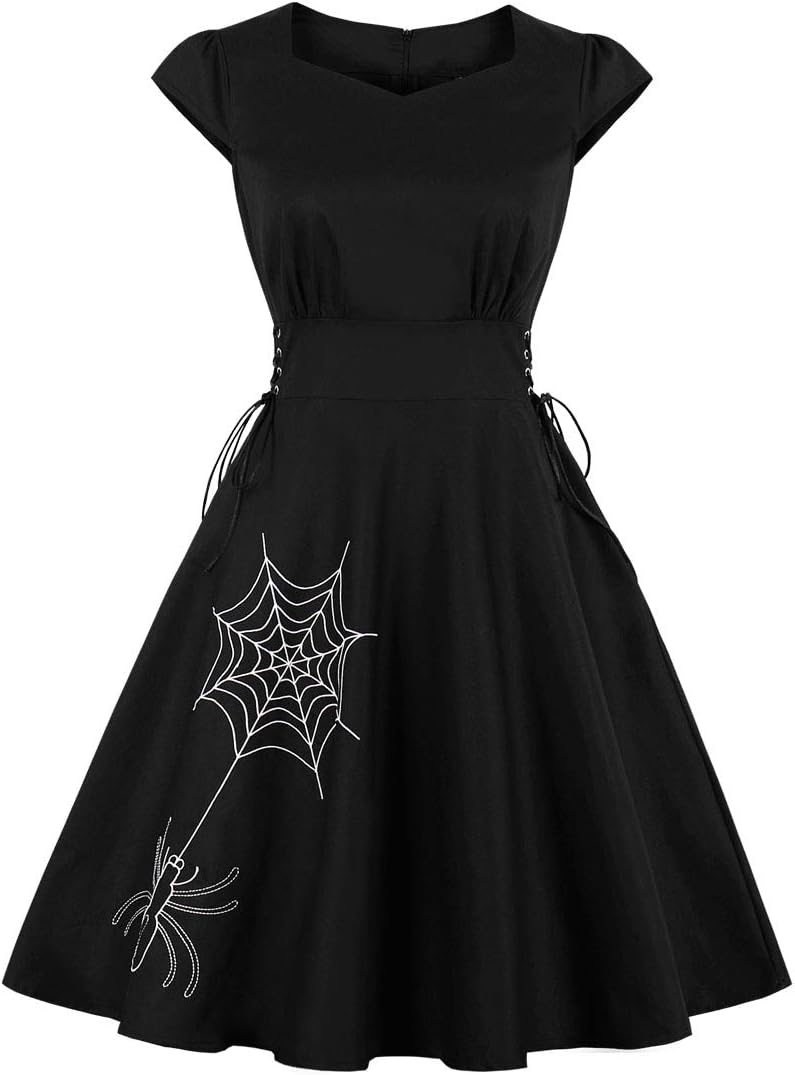 WellwitsWomen's Embroidery Lace up Gothic Black Halloween Vintage Dress