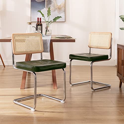Image of Zesthouse Natural Rattan Dining Chairs Set of 6, Mid Century Modern Dining Room Chairs with Chrome Leg, Faux Leather Kitchen Chair with Solid Wood Back & Cane Mesh, Breuer Cesca Design Inspired, Green