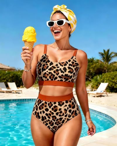 Image of Womens High Waisted Bikini Sets Sporty Crop Top Color Block Swimwear Bandeau Scoop Neck Vintage Two Piece Bathing Suits