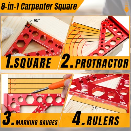8-in-1 Carpenter Square and Center Finder, Small Aluminum Multi-Purpose Carpenter Tool with Center Marking Hole Woodworking, Metal Multi-Angle Measuring Ruler with Position Pin/Angle Pin/Drill Bushing - Image 2