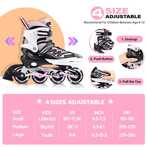 2PM SPORTS 2PM SPORTS Cytia Pink Girls Adjustable Illuminating Inline Skates Light up Wheels, Fun Flashing Rollerblades Kids, Beginner Roller Skates Ladies - Medium (US 2-5)