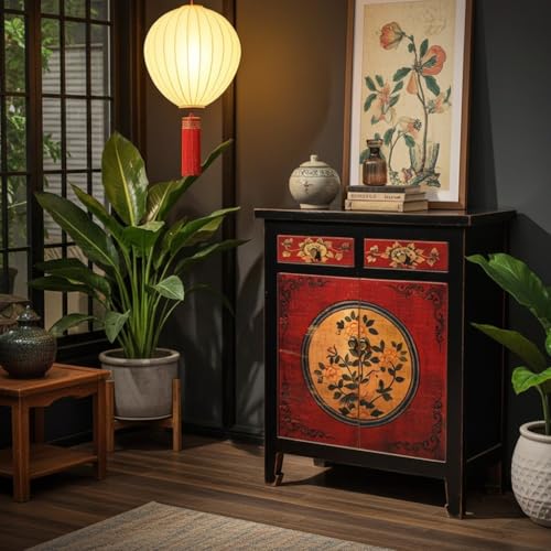 OPIUM OUTLET Chinesischer Hochzeitsschrank asiatischer Schrank orientalische Kommode Vintage Sideboard Antik-Stil rot-schwarz
