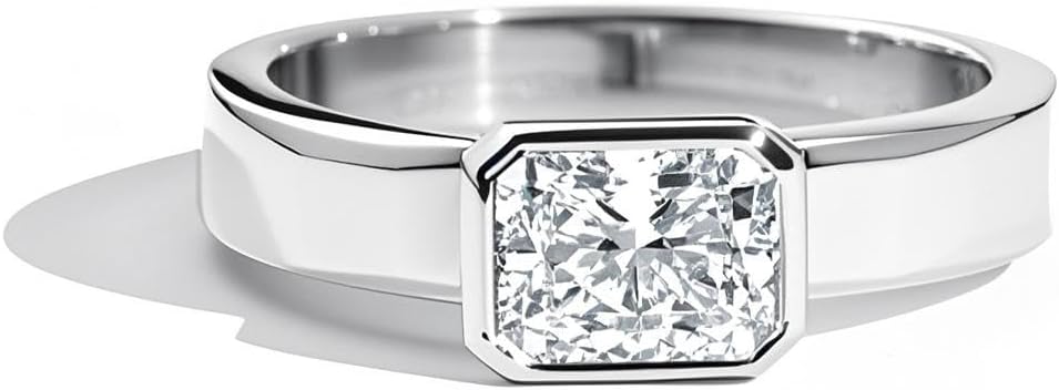 Personalized 925 Sterling Silver 1-3 ct Classic Radiant Cut Lab Grown Moissanite Diamond Bezel Set Side Stone Engagement Ring D Color VVS Clarity Size 3 to 15 for Women