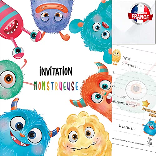 10 cartes invitation en Français avec enveloppes pour fête anniversaire ou autre - Set monstres rigolos pour inviter garçons et filles - Kit Créatif et participatif pour enfants - Lola et Louis® Cover