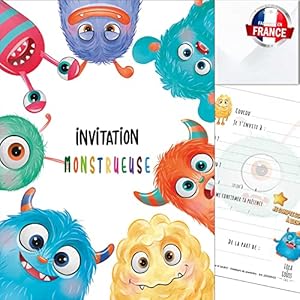 10 cartes invitation anniversaire en Français • 10 enveloppes • Monstres colorés • Pour inviter filles et garçons • Lola…