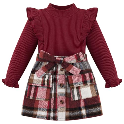 Image of Weixinbuy Toddler Girl Fall Winter Clothes Solid Long Sleeve Ribbed T-Shirt Knit Tops Plaid Button Mini Skirts Set Outfits