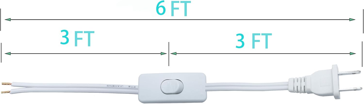 Lamp Cord with Switch Plug, 2 Prong Extension Cord 6 Feet, White Lamp Cord Replacement, 18 AWG Power Cord, Stripped Ends Ready for Wiring and Repairing Lights Cable