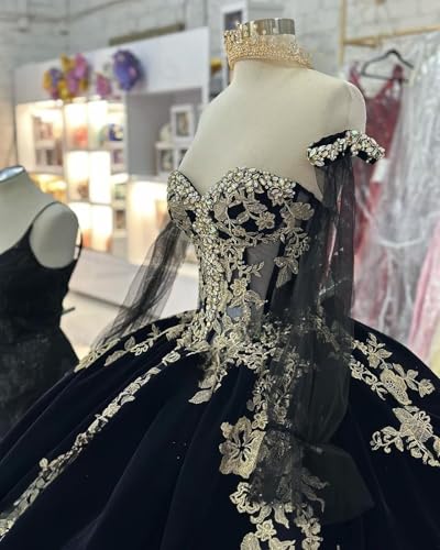 XYAYE Sparkly Velvet Quinceanera Dresses with Sleeves Gold Applique Strapless Lace Sweet 16 Dresses Puffy Beaded Ball Gown4