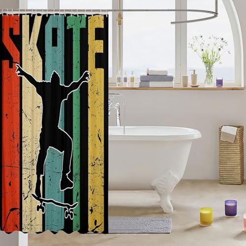 Image of Skateboard Bath Curtain Hipster Decor Cloth Fabric Bathroom Decor for Kids Boys Girls Teens Skate Board Shower Curtain Extreme Sports Shower Curtains Set with Hooks Grunge Design Room Decor 72x84 Inch