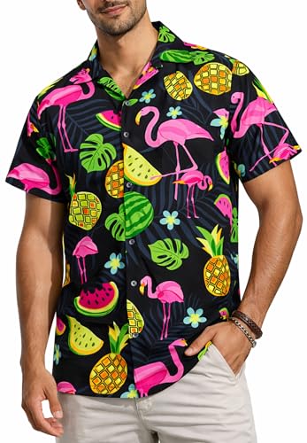 Funky Camisa Hawaiana, Manga Corta, Flamingo Melon, Negro, S