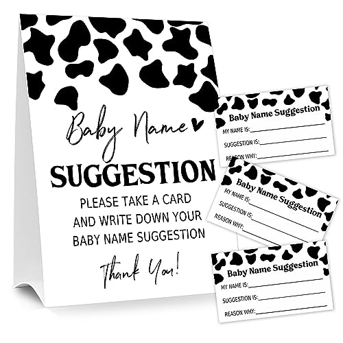 Moonle Baby Shower Games Baby Name Suggestion Sign, 5×7 Inch Kraft Standing Sign and 50 Name Suggestion Cards, Dairy cow