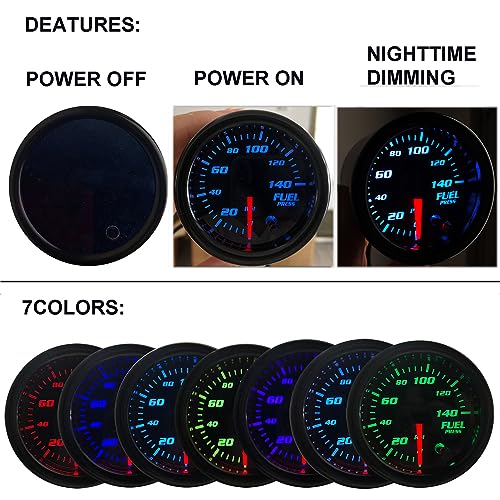 Image of 2-1 /16 inch 52mm Fuel Pressure Gauge, Tinted, 7 Color, 0-140 PSI | Includes Electronic Sensor, Kit