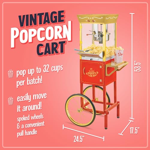Nostalgia Popcorn Maker Machine - Professional Cart With 8 Oz Kettle Makes Up to 32 Cups - Vintage Popcorn Machine Movie Theater Style - Red & Gold