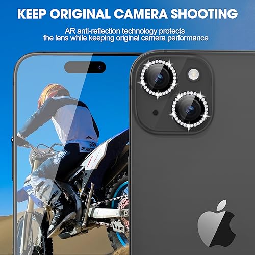 Image of Glass Camera Lens Protector Compatible For Iphone 15 /15 Plus Bling,Individual Metal Diamond Ring 9H Hardness Scratchproof Protector,Stylish Accessories,Case Friendly(Black Diamond)