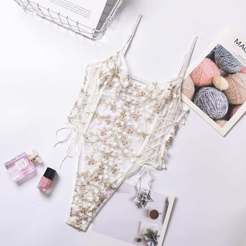 Lilosy Women Sexy Lace Up Floral Embroidered Teddy Lingerie Bodysuit Top Mesh Sheer One Piece: Small White