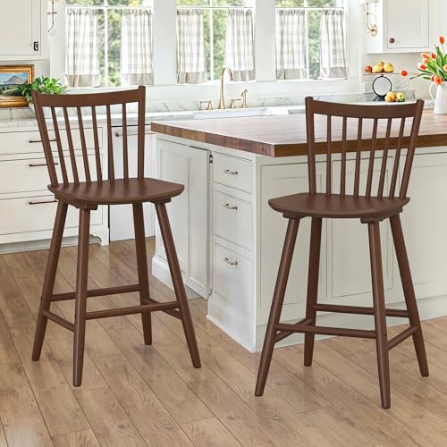 Farmhouse Windsor Bar Stools Set of 2 for Kitchen Island, Brown
