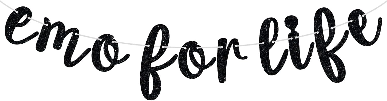 PYBHILK Black Glitter Emo for Life Banner,Elder Emo/Gothic Blackletter Emo Decor, Funny Old English Emo Party Decorations Supplies