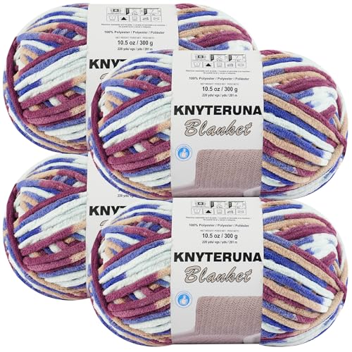Image of #6 Super Bulky Blanket Yarn for Crocheting - 4 Skeins(Each 10.5oz /300g, 220yds /201m), Chunky Chenille Thick Plush Big Soft Yarn for Crocheting Knitting Blankets, Multi Blue & Red & Khaki