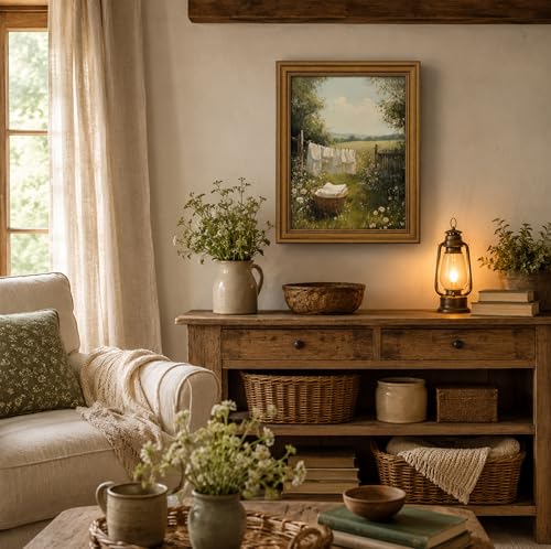 Image of NALEPS Vintage Gold Framed Laundry Room Wall Art, Country Landscape Pictures Canvas Painting, Rustic Summer Wildflower Decor for Farmhouse, Bathroom, Damage-Free Ready to Hang, 9x11 in