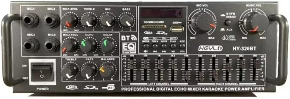 Amplificador 1200W Bluetooth 2 Canais com Equalizador, USB, SD, FM, Karaokê, 4 Entradas de Microfone, 220V