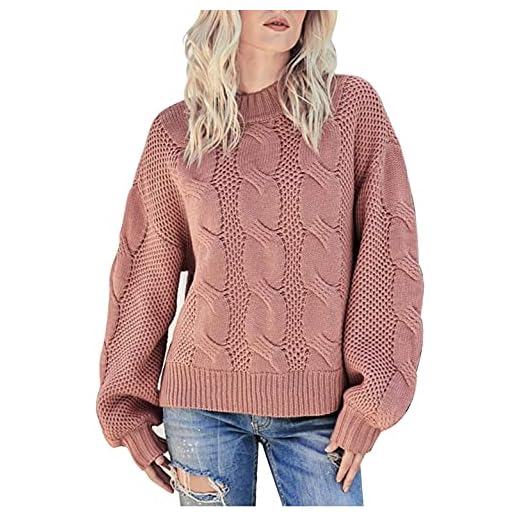 Chejarity Dam polotröja stickad tröja varm avslappnad knit-pullover enfärgad rippstickad tröja oversize lös stickad tröja tröja gata flicka tröja med lyktärmar, ROSA, M