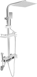 Sistema doccia a LED, 4 funzioni, set doccia a pioggia, termostato, temperatura costante, ottone acciaio inossidabile 304, montaggio a parete, altezza regolabile 75-110 cm, hotel spa moderno