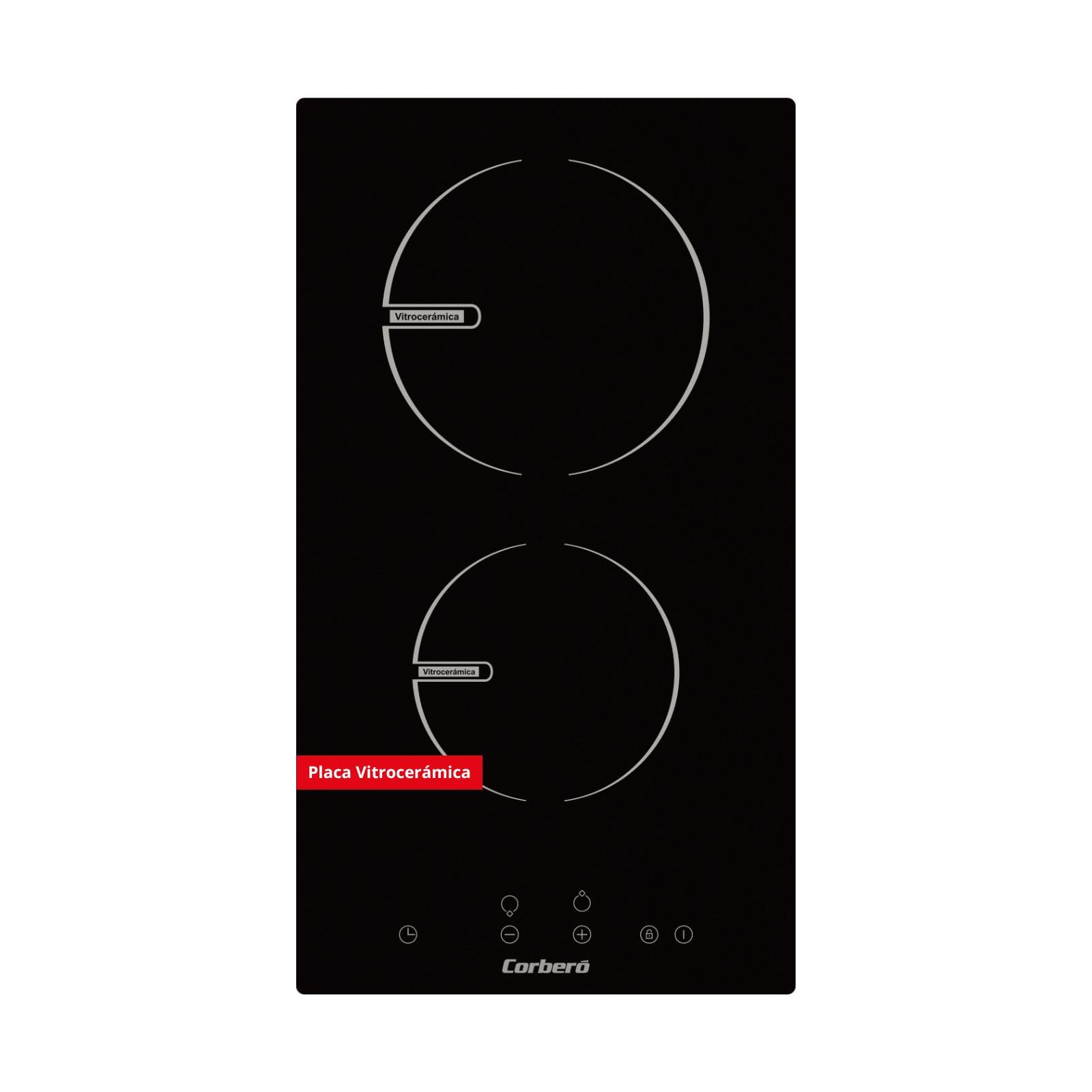 Corberó - Placa de Vitrocerámica 2 zonas| CCVG205D | 29 cm| Potencia 2900W | Control Táctil | 9 Niveles de Potencia | Temporizador | Bloqueo Seguridad | Desconexión Automática |Cristal Negro