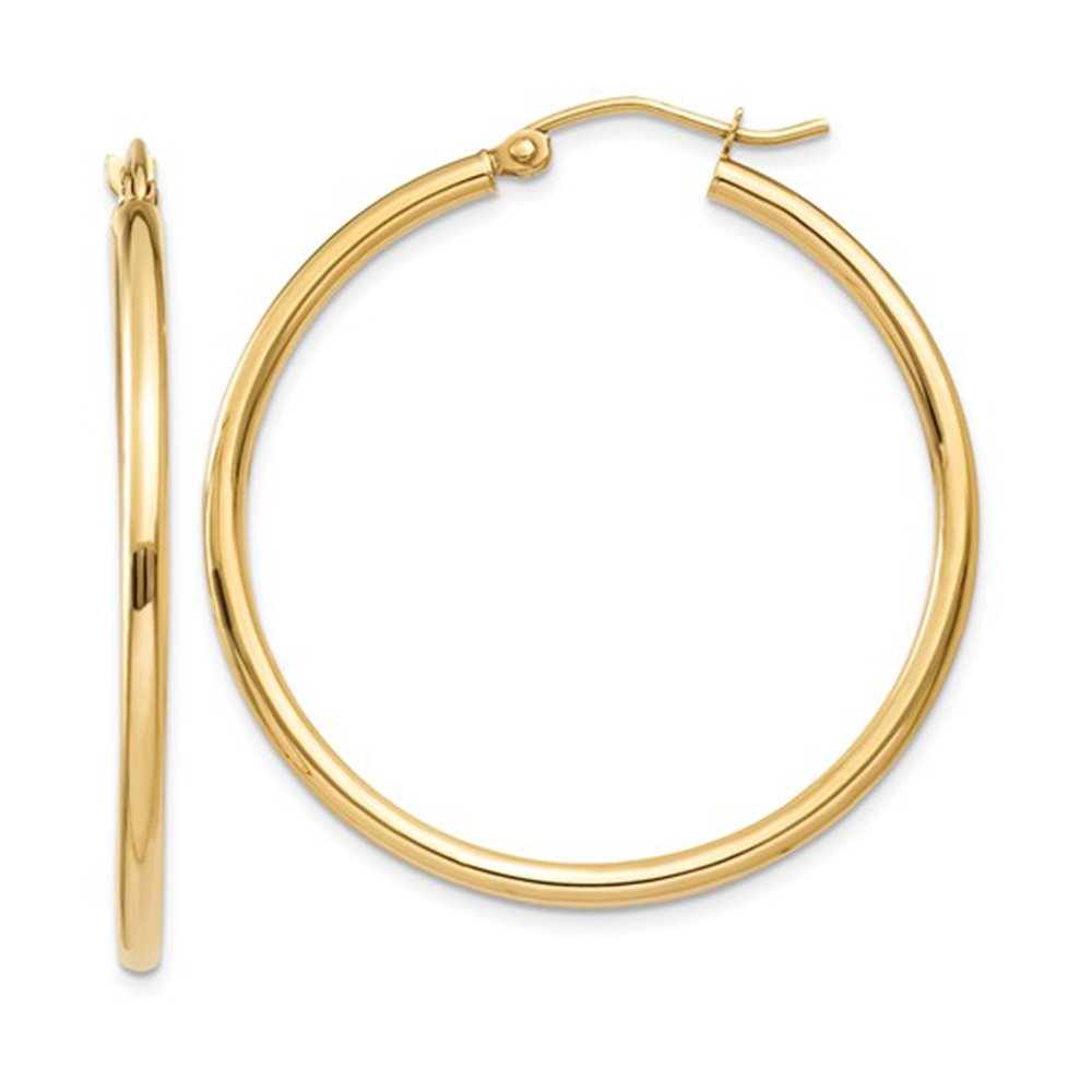 14K Gold Classic Real Hoop Earrings, (2mm Tube)