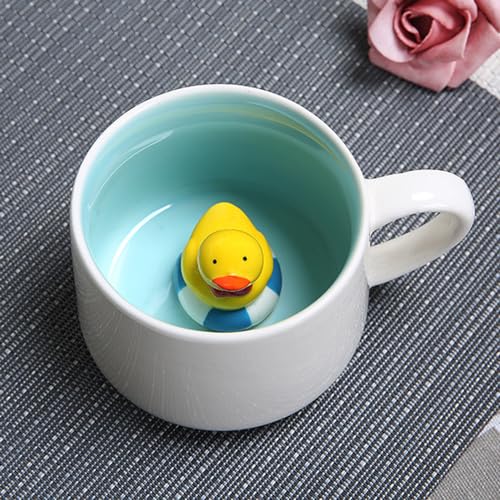 3D Tier Kaffee Tasse mit Nette Ente Innen, Cartoon Kaffeetasse Milch Tee Keramik Becher, Süß Teetasse Geschenktasse Porzellan Tasse für Kinder, Frauen, Mädchen - Geburtstage Vatertag Geschenk (Ente)