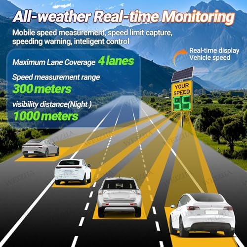Solar Radar Speed Display Sign - Traffic Speed Radar with Adjustable Speed Limit, Remote Control LED Warning Sign, Yellow 60x90cm - Enhance Road Safety