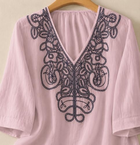 Image of RIEKA Womens Tunic Top with Floral Embroidery V Neck 3 /4 Sleeve Relaxed Fit Casual Ethnic Fusion Top Lightweight Sheer Fabric Everyday Wear for Women