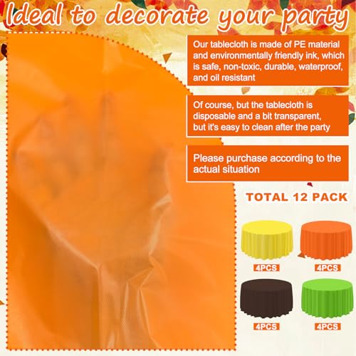 Image of CIEOVO 12 Pack Fall Plastic Tablecloth, Thanksgiving Yellow Orange Brown Green Disposable Waterproof Round Tablecloth for Fall Harvest Thanksgiving Day Family Birthday Baby Shower Party Decorations