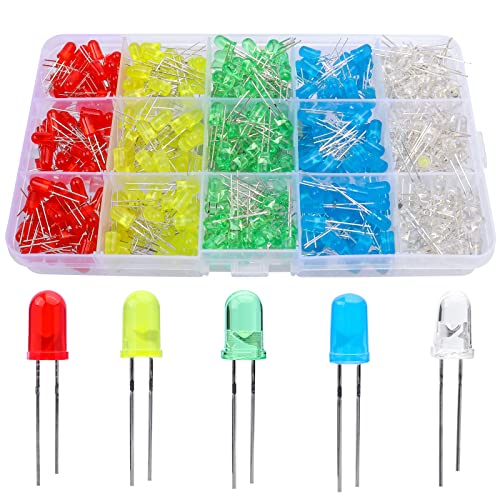Bestgle 5 mm LED diodos de luz multicolor cabeza redonda LED diodos multicolor para trabajo manual, 500 unidades de diodos redondos de color 2 polos, 5 colores surtidos blanco/rojo/amarillo/verde/azul