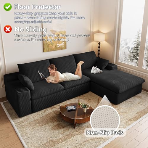 Image of 107 inch Cloud Couch Modular Sectional Sofa for Living Room, L-Shape Boneless Couch with Deep Seat, Modern Corduroy 3-Seater, No Assembly Required (Black,Right-Facing Chaise)