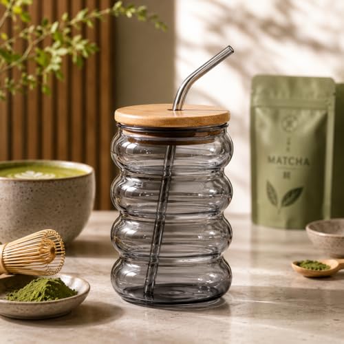 Image of Nuvelle Glass Mug Tumbler with Bamboo Lid and Straw 520ml, for Cold Drinks, Smoothies, Coffee | Ripple Wave Spiral Ring Cup | Coffee Glass Tumbler with Bamboo Lid and Straw (Grey Silver)