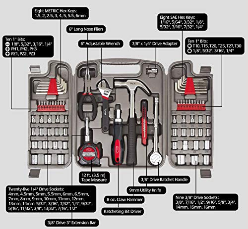 Apollo Tools 79 Piece Multi-Purpose Tool Set with Sockets, Basic Tool Kit for the Garage, Home or on the Road. Includes Essential Tools for Vehicle Maintenance and Repairs - DT9411, Gray
